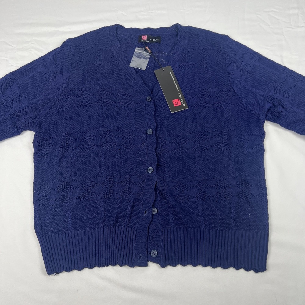 KANCY KOLE Women's XL Navy Blue Textured Button Front Knit Cardigan Sweater NWT